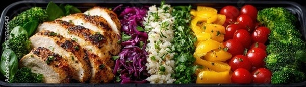 Fototapeta Close-up of colorful meal prep, lean proteins with vibrant vegetables in perfect alignment