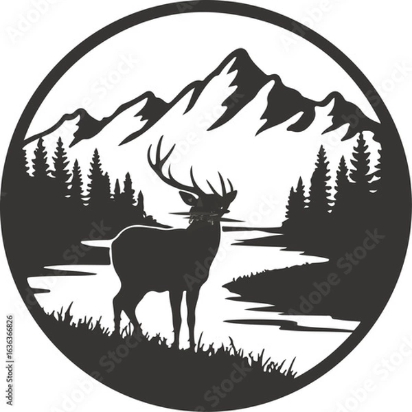 Obraz Deer silhouette in a mountain forest landscape, circular vector emblem for logo design