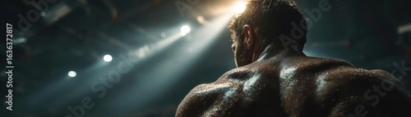 Fototapeta High-angle view, gym journey transformation, dramatic lighting, progress montage