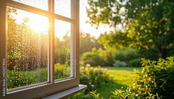Fototapeta Sunlight Through Rainy Window To Garden