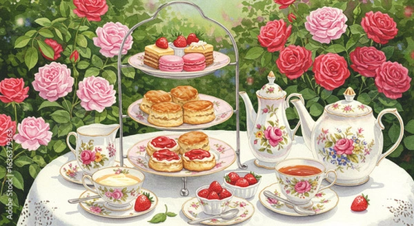 Fototapeta バラ咲く庭で楽しむエレガントなアフタヌーンティー

