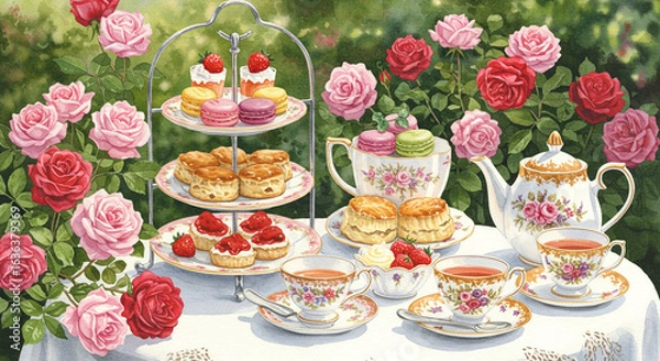 Obraz バラ咲く庭で楽しむエレガントなアフタヌーンティー

