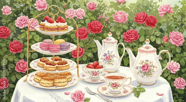 Obraz バラ咲く庭で楽しむエレガントなアフタヌーンティー

