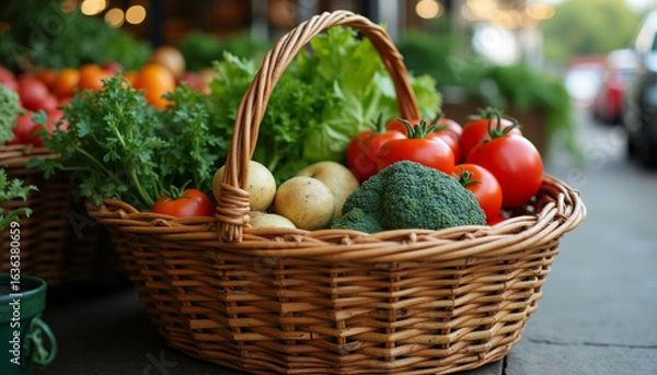 Fototapeta A rustic basket full of organic vegetables like broccoli, potatoes, lettuce, and tomatoes at a farmer's market.