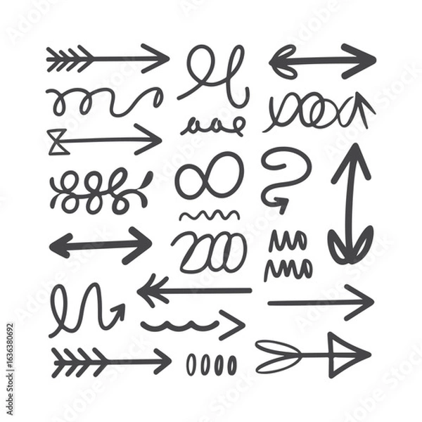 Fototapeta Collection of Black Hand-Drawn Arrows in Various Styles