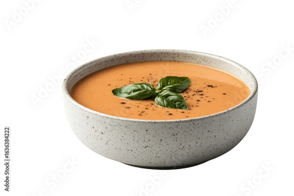 Obraz Tomato Basil Soup Delight: A smooth and vibrant bowl of tomato basil soup is garnished with fresh basil leaves and a hint of black pepper, embodying the essence of culinary pleasure. 