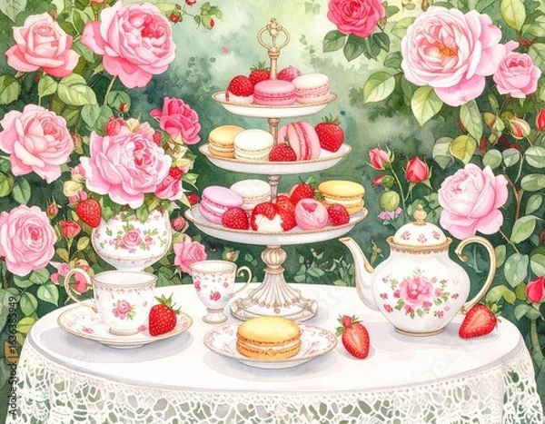 Fototapeta バラ咲く庭で楽しむエレガントなアフタヌーンティー

