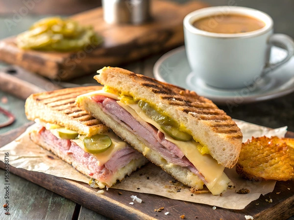 Fototapeta Delicious Cuban and Ham and Cheese Sandwiches with Pickles