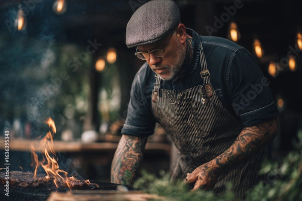 Fototapeta Portrait of middle age man pit master in texas barbecue restaurant, Selective focus chef in grilled station, Chef cooking with smoked brisket and steak.