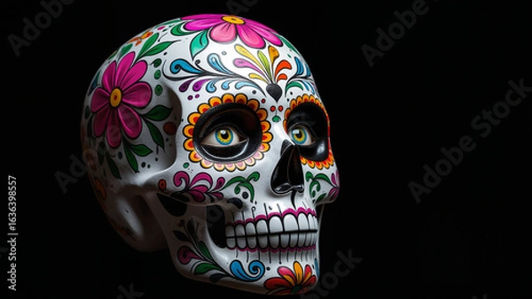 Obraz Decorative Sugar Skull on Black Background