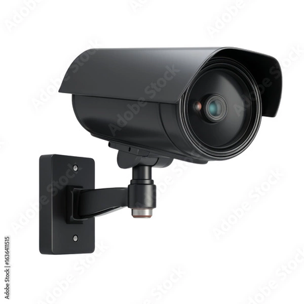 Fototapeta High definition security camera mounted on wall, designed for surveillance. This sleek black camera features protective cover and clear lens, ideal for monitoring spaces