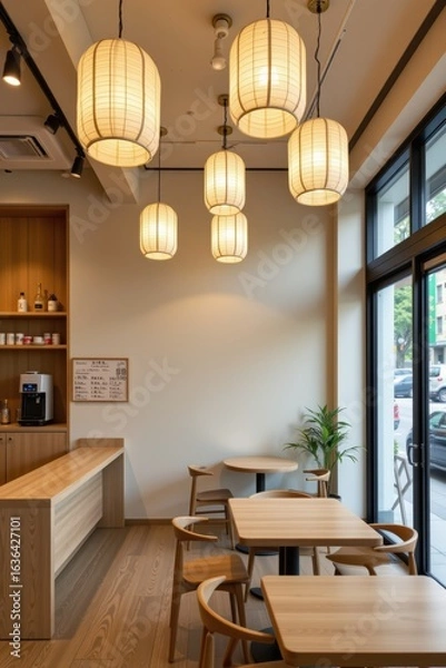 Obraz Modern Japanese Coffee Shop Interior with Elegant Lighting Features