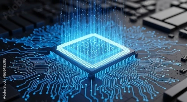 Fototapeta Closeup of a glowing blue computer processor chip on a motherboard, symbolizing advanced technology and data processing