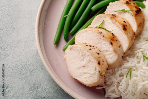 Obraz Close-Up of Neurodivergent-Friendly Plate with Grilled Chicken, Jasmine Rice, and Green Beans on Muted Pastel Background