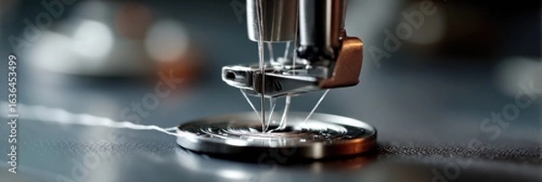 Obraz Sewing machine needle stitching fabric with white thread in a workshop