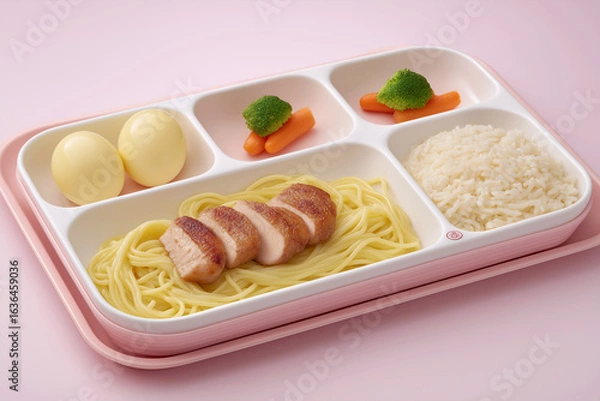 Obraz Hotel Buffet Tray with Mild Meal Selections – Plain Pasta, Rice, Chicken, and Steamed Vegetables
