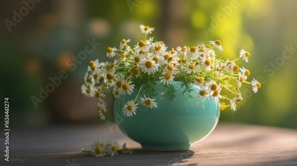 Obraz Fresh daisy bouquet in a ceramic vase bathed in morning light, with a soft pastel palette and bokeh background.