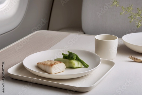 Obraz Minimalist Airline Meal with Grilled Fish and Steamed Greens – Calm and Balanced In-Flight Dining