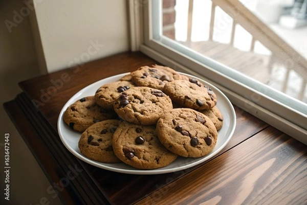 Obraz Warm Overhead Photo of Chocolate Chip Cookies on White Plate Rustic Wooden Table Setting