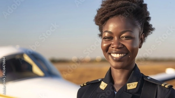 Fototapeta close up of a female Afro-American pilot, in uniform, smiling, happy, standing in front of an airplane, 