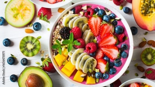 Fototapeta Colorful array of fresh fruits and superfoods arranged in a vibrant smoothie bowl,
