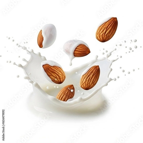 Obraz Photorealistic Almond Milk Splash with Whole and Halved Almonds on White Background
