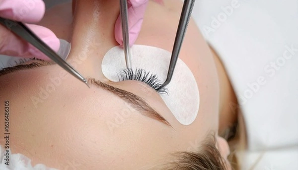Obraz Close-up of a woman receiving eyelash extensions with a technician's hands and tweezers. Ideal for beauty salon, cosmetic, and professional treatment advertising