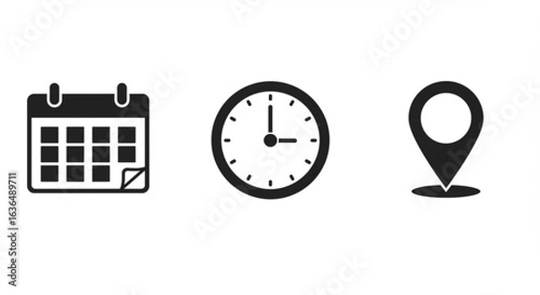 Fototapeta Vector art of calendar, clock, and location pin icons isolated on white background