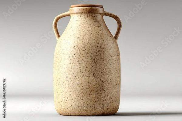 Fototapeta Speckled beige ceramic jug with handles and lid speckled texture brown lid