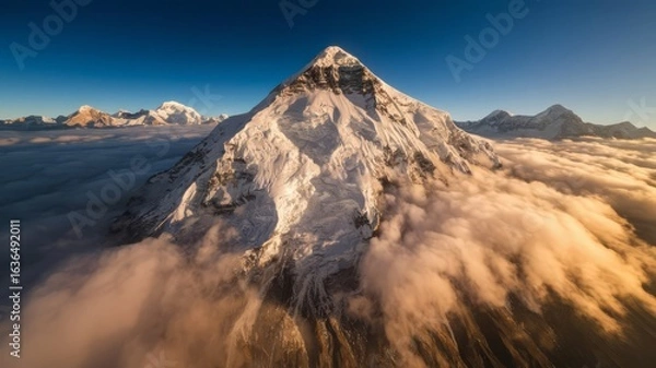 Obraz Majestic Snow-Capped Mountain Peak Rising Above a Sea of Golden Clouds at Sunrise, Showcasing a Breathtaking Alpine Landscape, Ideal for Adventure, Travel, and Nature Exploration Themes