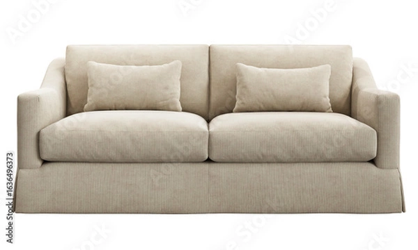 Fototapeta Classic beige corduroy fabric upholstery sofa with pillows. 3d render.