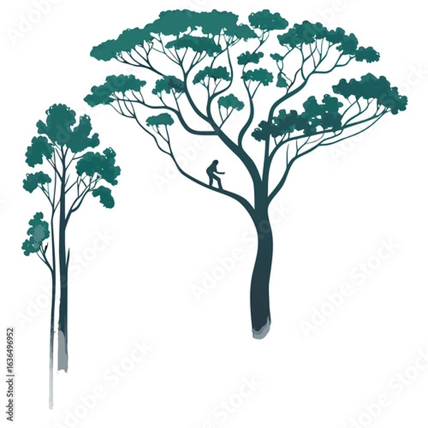 Fototapeta Silhouette of a person climbing a tall stylized tree against a dark background with another tree nearby