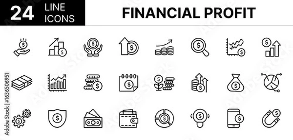 Obraz Collection of 24 Financial profit fill icons featuring editable strokes. These outline icons depict various modes of Financial profit, Money, Income, Savings, Earnings, Cash, Investment, Financial,