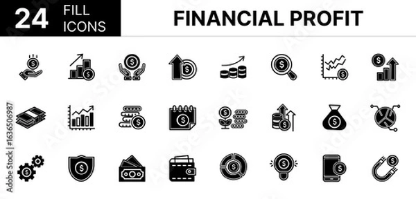 Obraz Collection of 24 Financial profit line icons featuring editable strokes. These outline icons depict various modes of Financial profit, Money, Income, Savings, Earnings, Cash, Investment, Financial,