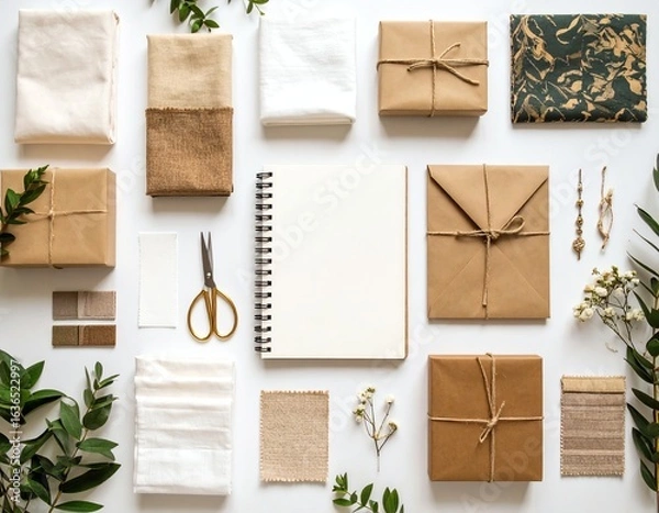 Obraz Stylish flat lay of gift wrapping essentials.