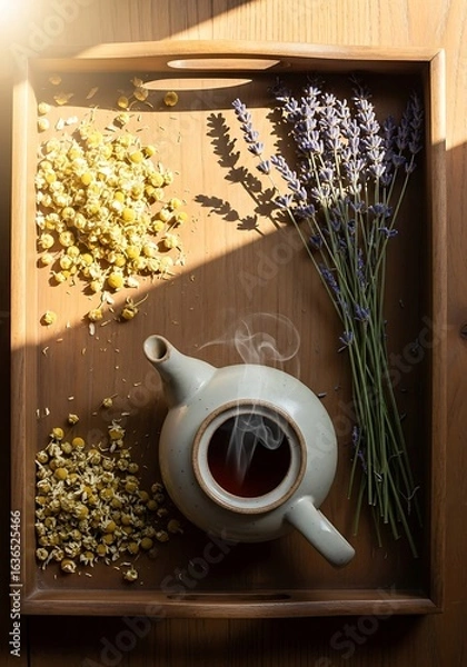 Fototapeta A top-down view of a wooden tray holding a teapot, chamomile, and lavender.