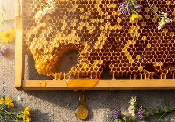 Fototapeta Honeycomb frame with honey dripping, surrounded by wildflowers.