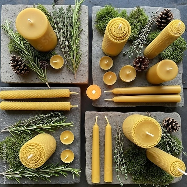 Fototapeta An overhead shot showcasing various handcrafted beeswax candles with natural decorative elements.