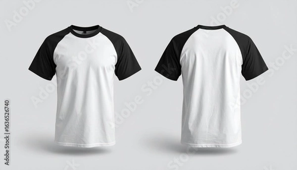 Obraz White Raglan T-Shirt with Black Sleeves Laying Flat on Light Gray Background, Classic 