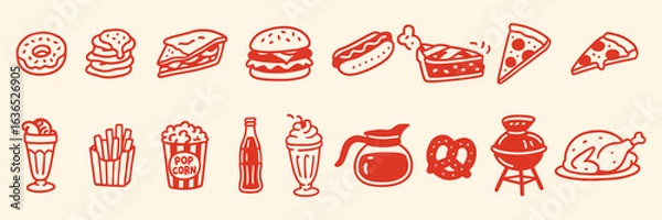 Fototapeta Pixel Art Fast Food Icon Set. Red 8-bit vector illustration of a burger, pizza, and hot dog. Retro video game graphic clipart of classic American junk food. Diner food sprite collection.