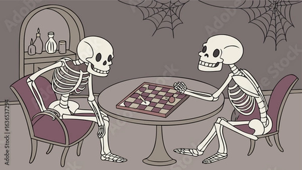Fototapeta Two skeletons enjoying a game of checkers by candlelight in a spooky room adorned with cobwebs