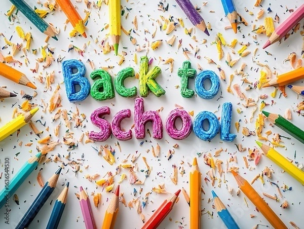 Fototapeta Colorful Pencils and Shavings with Back to School Lettering on White Background