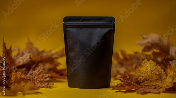 Fototapeta Black stand-up pouch placed on a yellow cork surface with scattered dried autumn leaves, modern packaging display, warm seasonal tones
