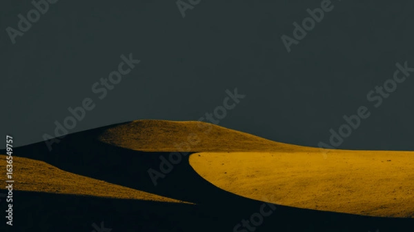 Fototapeta Bright yellow hill casting a dark curved shadow, minimalist landscape with strong contrast, vivid natural colors, high-resolution,