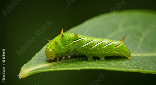 Fototapeta Close-up macro of a green caterpillar camouflaged on a leaf