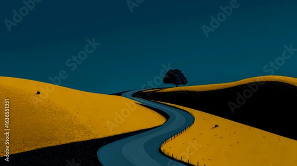 Fototapeta Bright yellow hill casting a dark curved shadow, minimalist landscape with strong contrast, vivid natural colors, high-resolution,