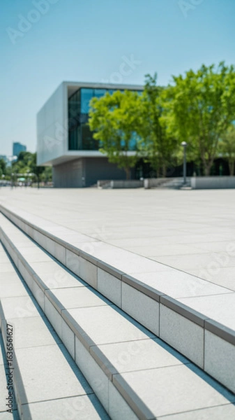 Fototapeta Wide shot of modern building with green trees and stone steps