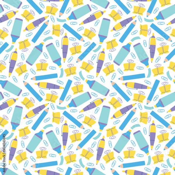 Fototapeta Colorful school supplies seamless pattern. Cute stationary background design. Flat style vector illustration