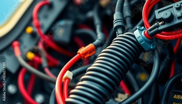 Obraz Close-up of aircraft avionics wiring harness with connectors, dashboard, aeronautics