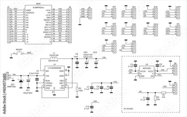 Fototapeta Schematic diagram of electronic device on paper sheet. Vector drawing electrical circuit with connector,
resistor, capacitor, integrated circuit, microcontroller,
coil, diode on transparent background
